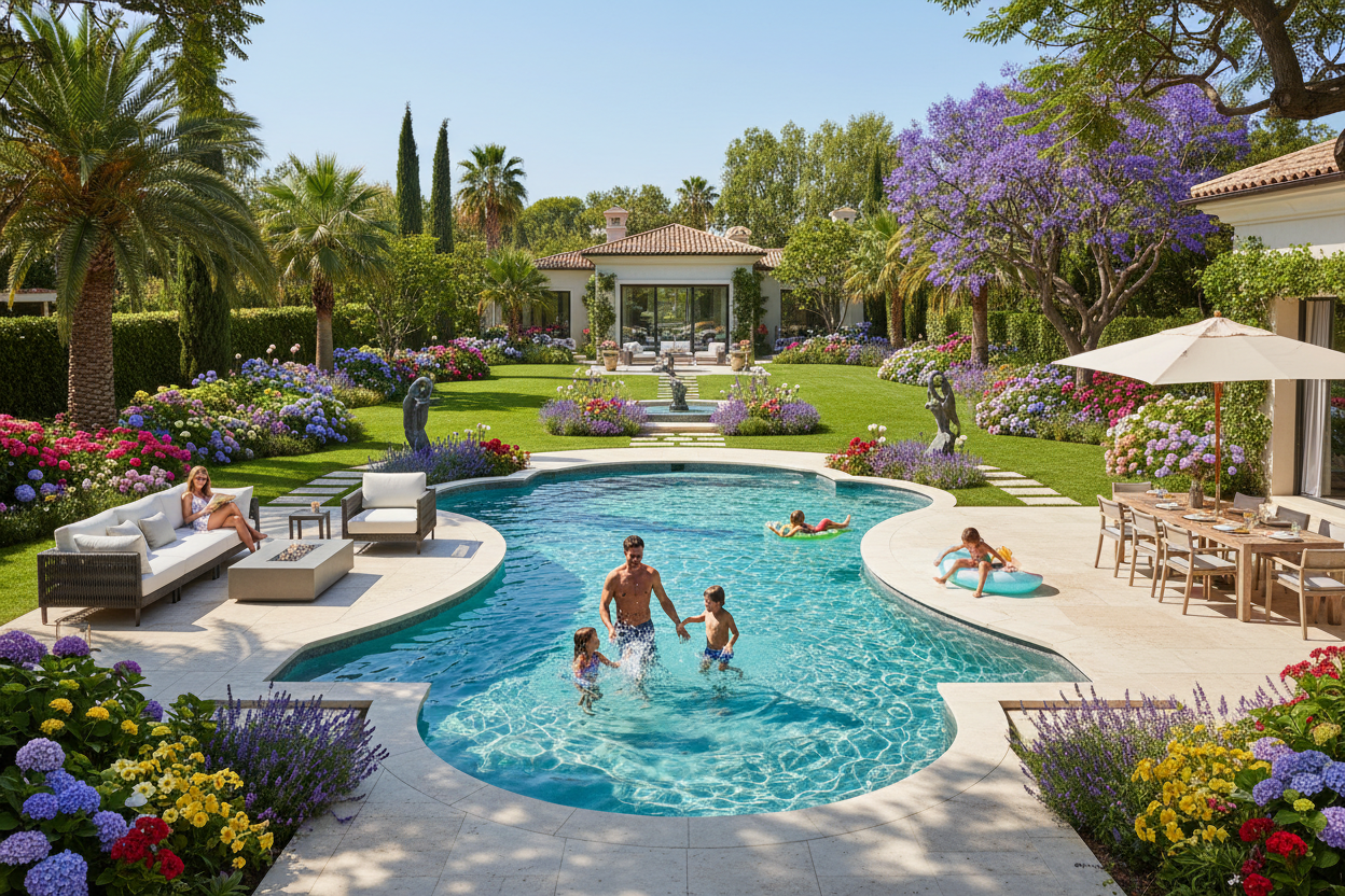 Jardín lujoso con piscina y familia